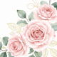 Rose rosa tenui ad acquerello con foglie verde pallido e delicati accenti dorati su sfondo bianco.