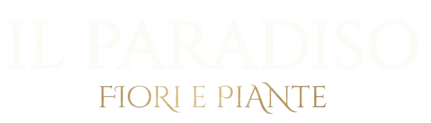 Logo minimalista con la scritta “IL PARADISO” in oro tenue sopra “FIORI PIANTE” su sfondo bianco.