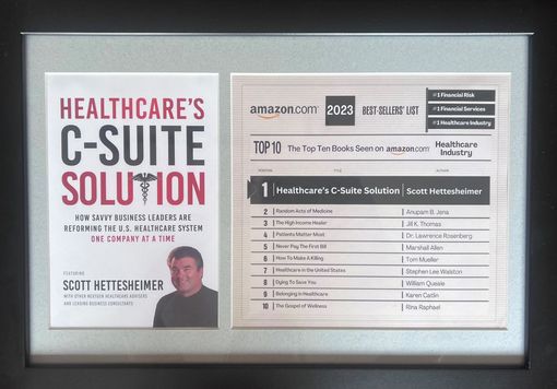 Book cover titled “Healthcare’s C-Suite Solution” in red and black with a caduceus symbol.