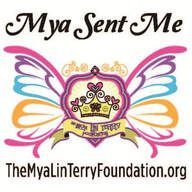 Logo for The Mya Lin Terry Foundation. Butterfly wings surround a crown and banner. Text: 