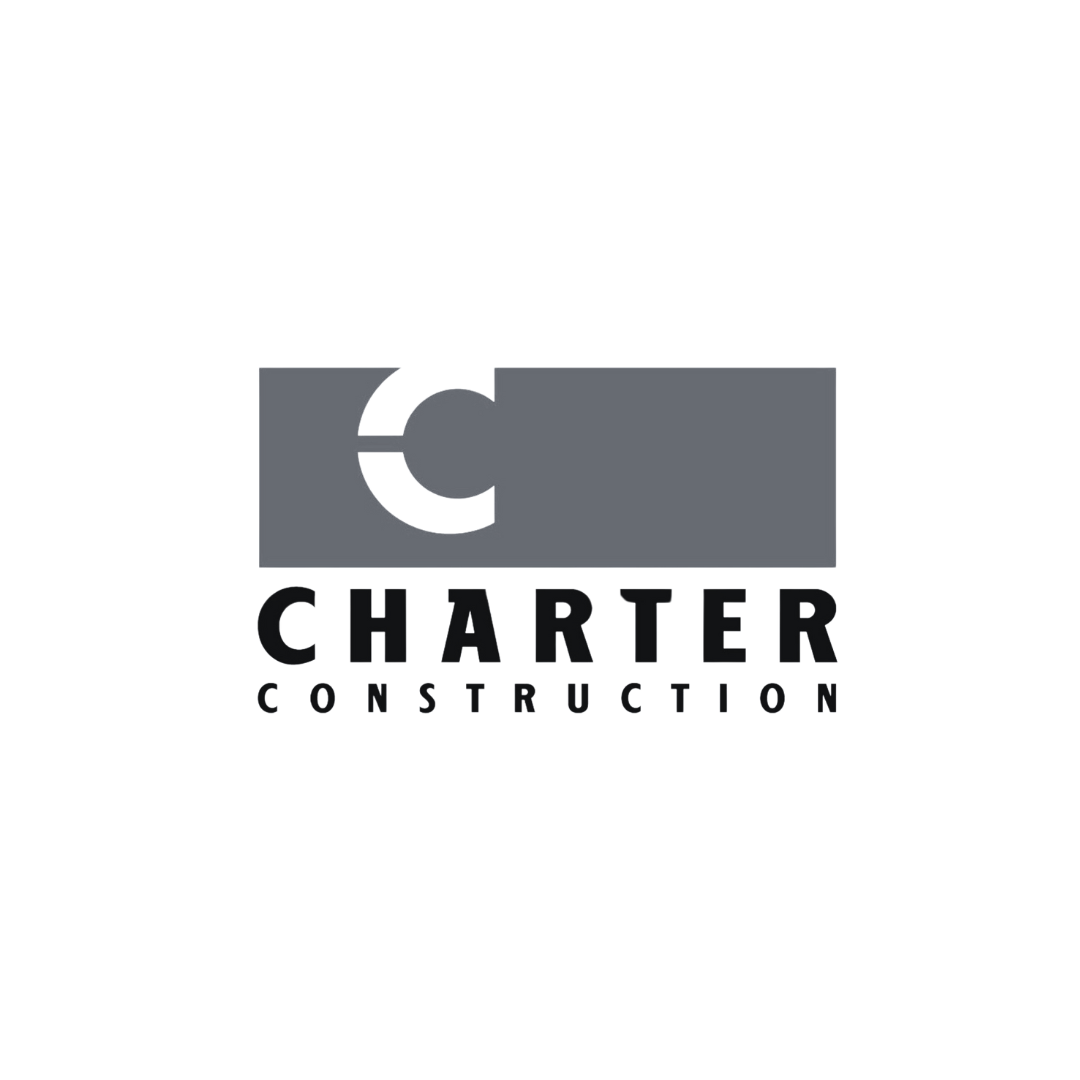 The logo for charter construction is a gray and white logo.