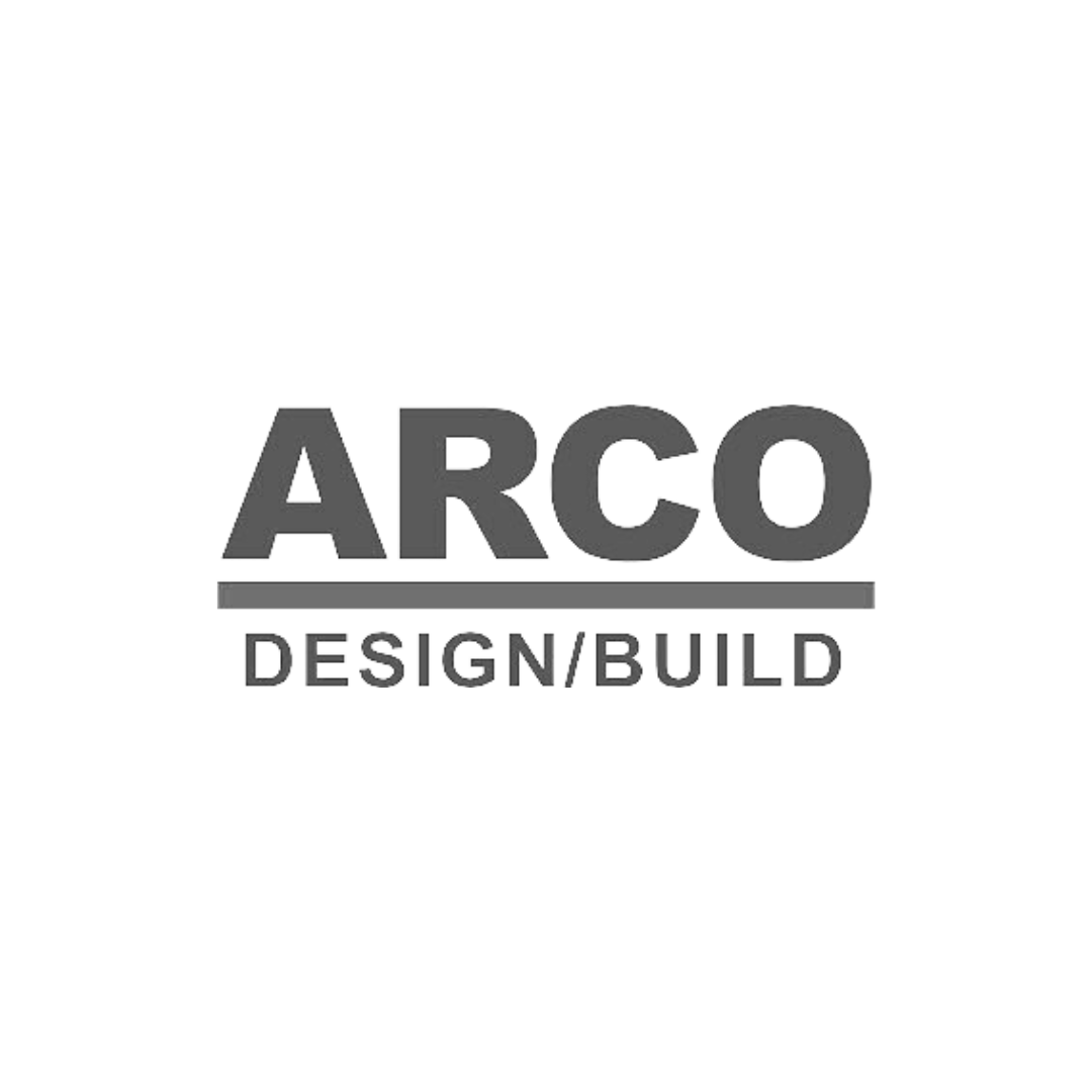 The logo for arco design and build is black and white.