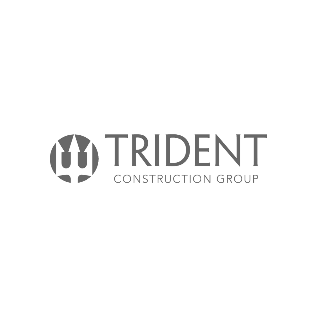 A black and white logo for a construction company called trident construction group.