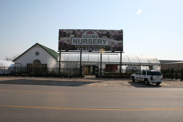 Adams nursery building and billboard