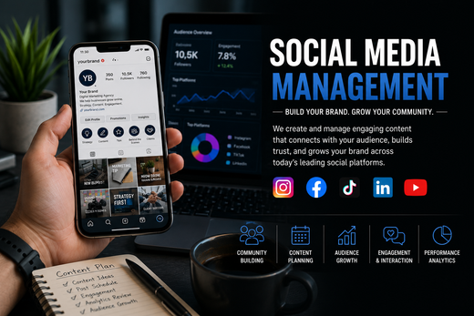 WDC social media management dashboard shown with a smartphone and analytics