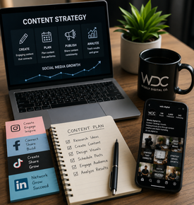 WDC content strategy dashboard displayed beside a branded coffee mug