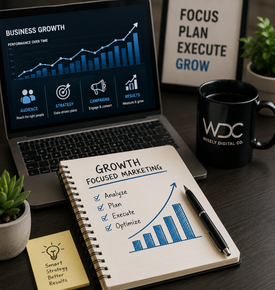 WDC business growth dashboard showing audience, strategy, content, and results