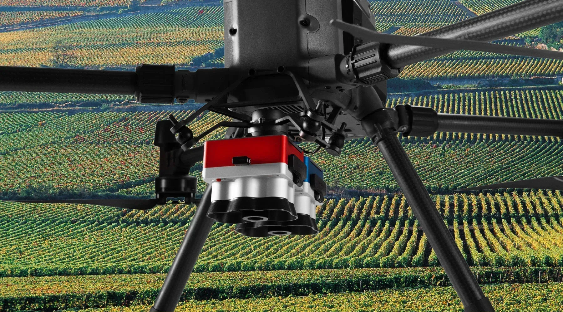 A drone is flying over a field of plants.