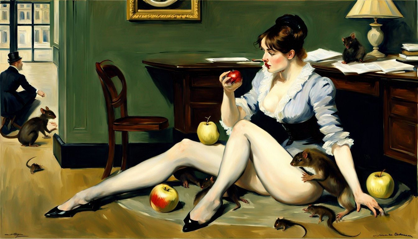 A painting of a woman eating an apple surrounded by mice