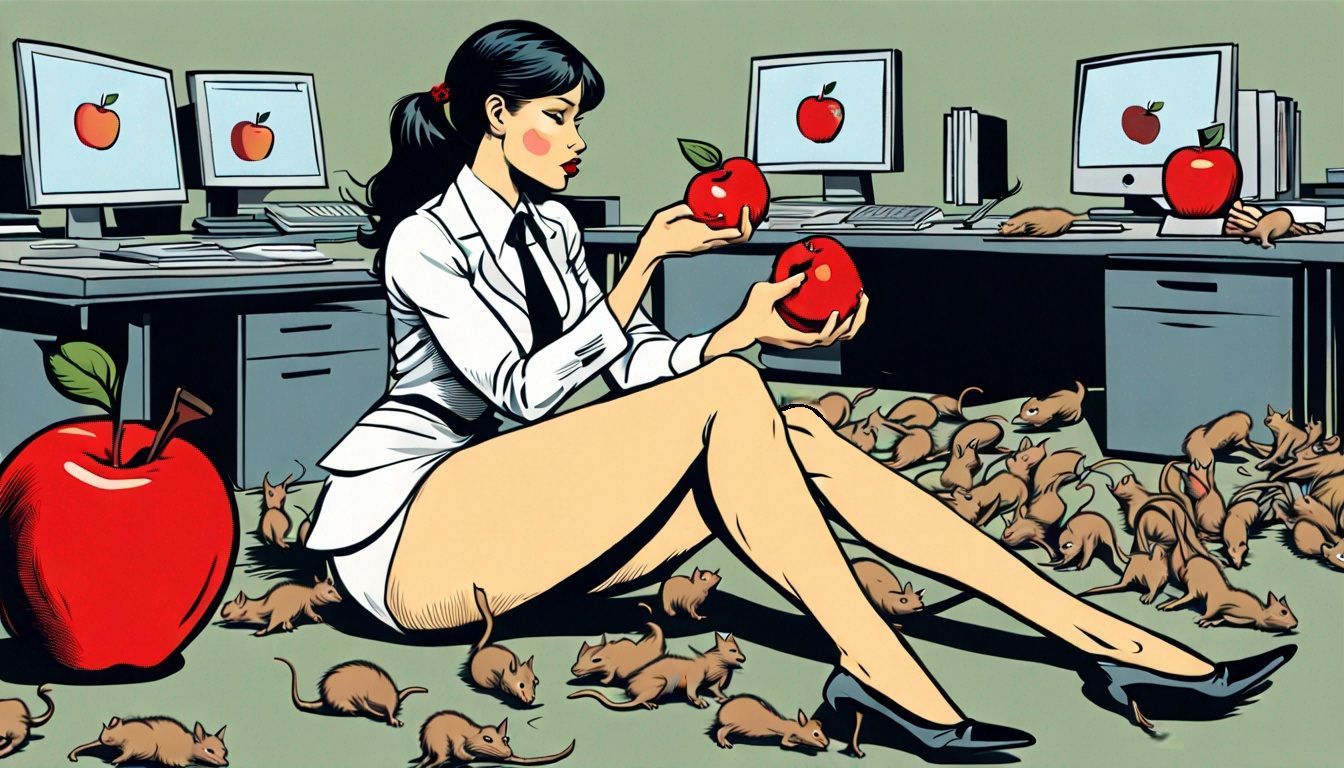 A woman is sitting on the floor surrounded by mice and apples