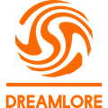 An orange and white logo for dreamlore on a white background