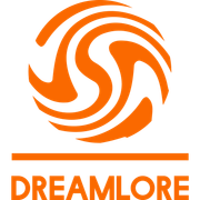 An orange and white logo for dreamlore on a white background