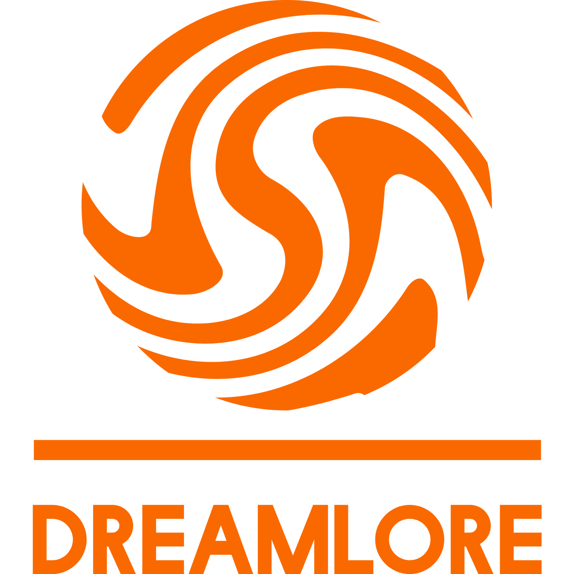 An orange and white logo for dreamlore on a white background