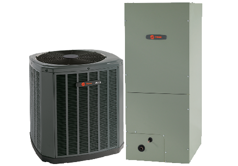 Outdoor air conditioner and furnace units, black and gray metal HVAC equipment