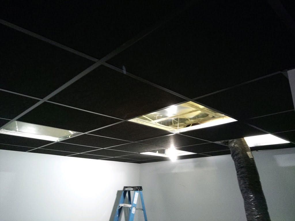Ceiling with black tiles missing, showing exposed area and a ladder below