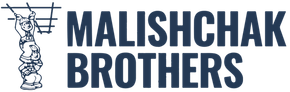 Malishchak Brothers logo with blue text and a small figure lifting a barbell