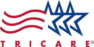 A red white and blue logo for tric care