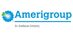 A blue and white logo for amerigroup an anthem company