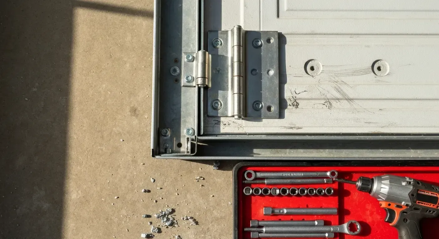Garage door hinge and wheel track with red tool kit and scattered screws on concrete floor