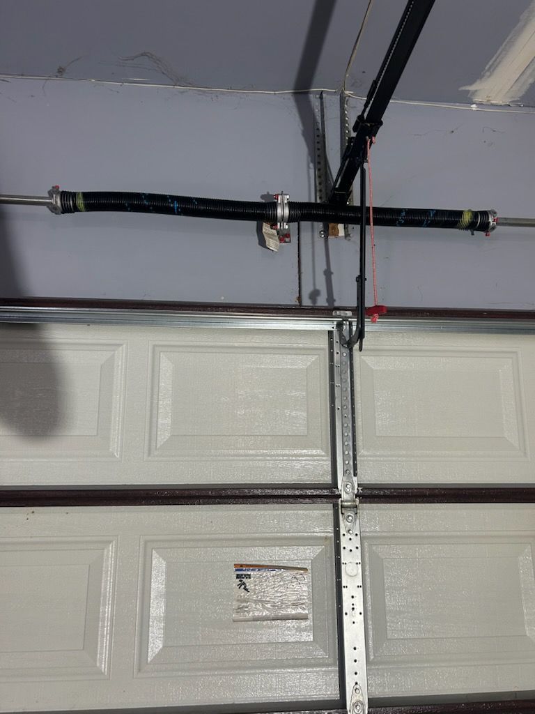 Garage door opener with trolley and rail mounted to the ceiling above a closed garage door