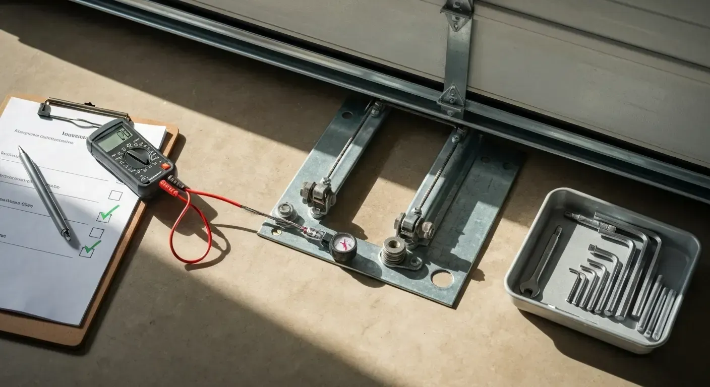 Workbench with tools, wires, and a metal rail mechanism on a sunlit floor.