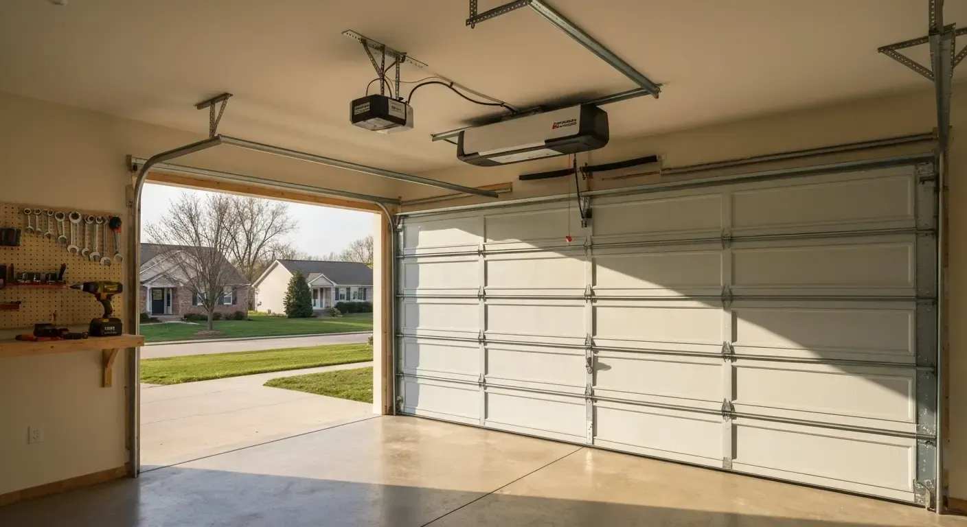 Empty garage with an open door to a suburban street, lit by sunlight