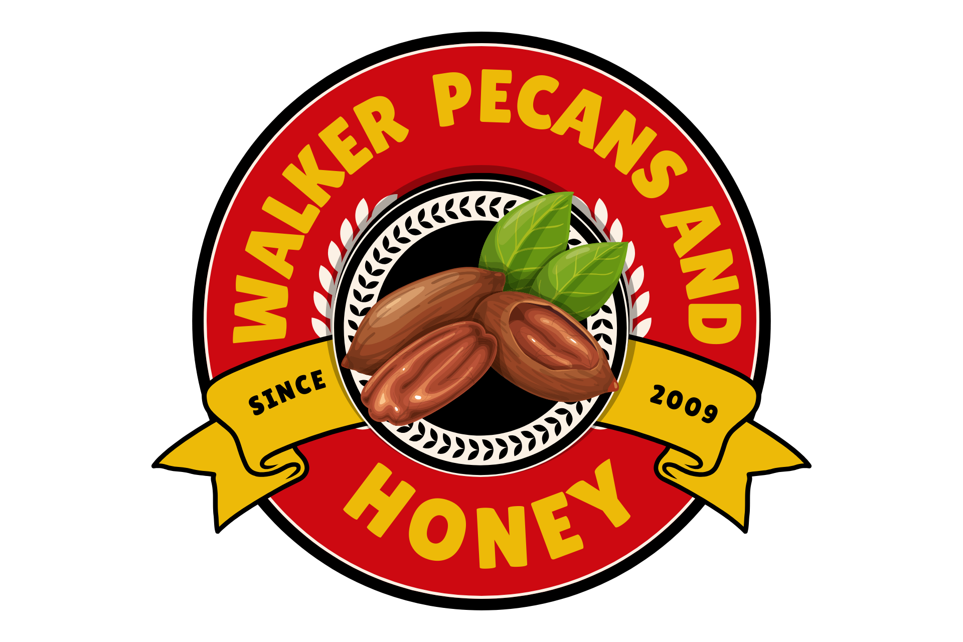 Walker Pecans and Honey logo with red, black, and gold circular emblem and pecans with honey dipper