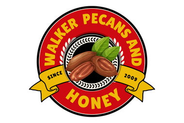Walker Pecans and Honey logo with red, black, and gold circular emblem and pecans with honey dipper