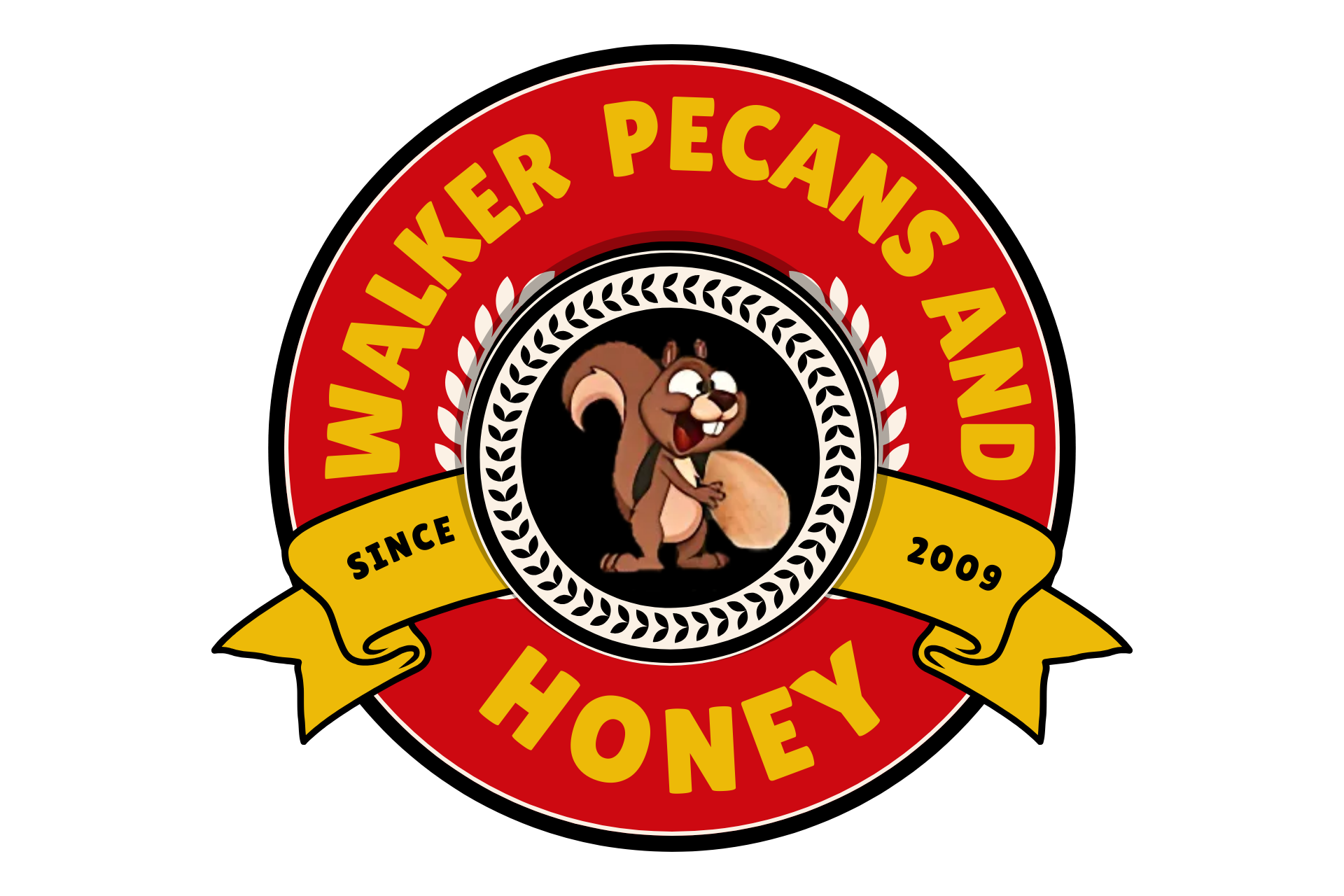 Walker Pecans and Honey logo with a bear in a circular red, yellow, and black emblem