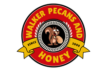Walker Pecans and Honey logo with a bear in a circular red, yellow, and black emblem