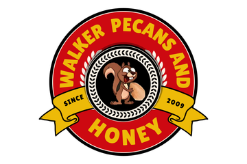 Walker Pecans and Honey logo with a bear in a circular red, yellow, and black emblem