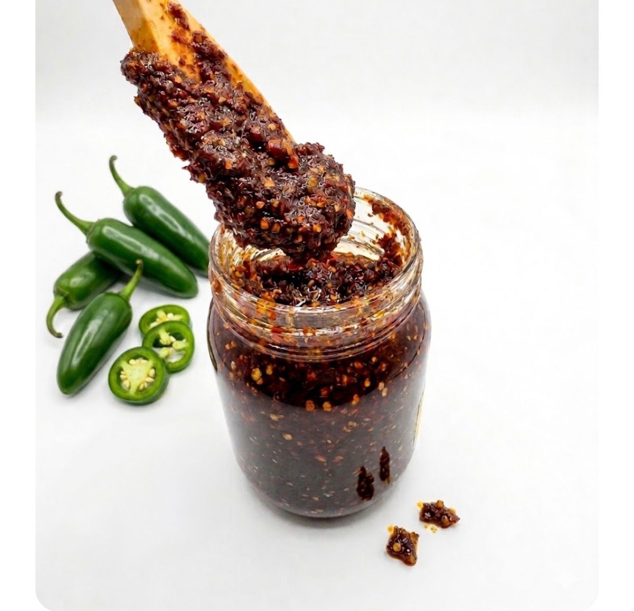 Jar of red chili paste with a spoon and fresh green jalapeños on a white surface