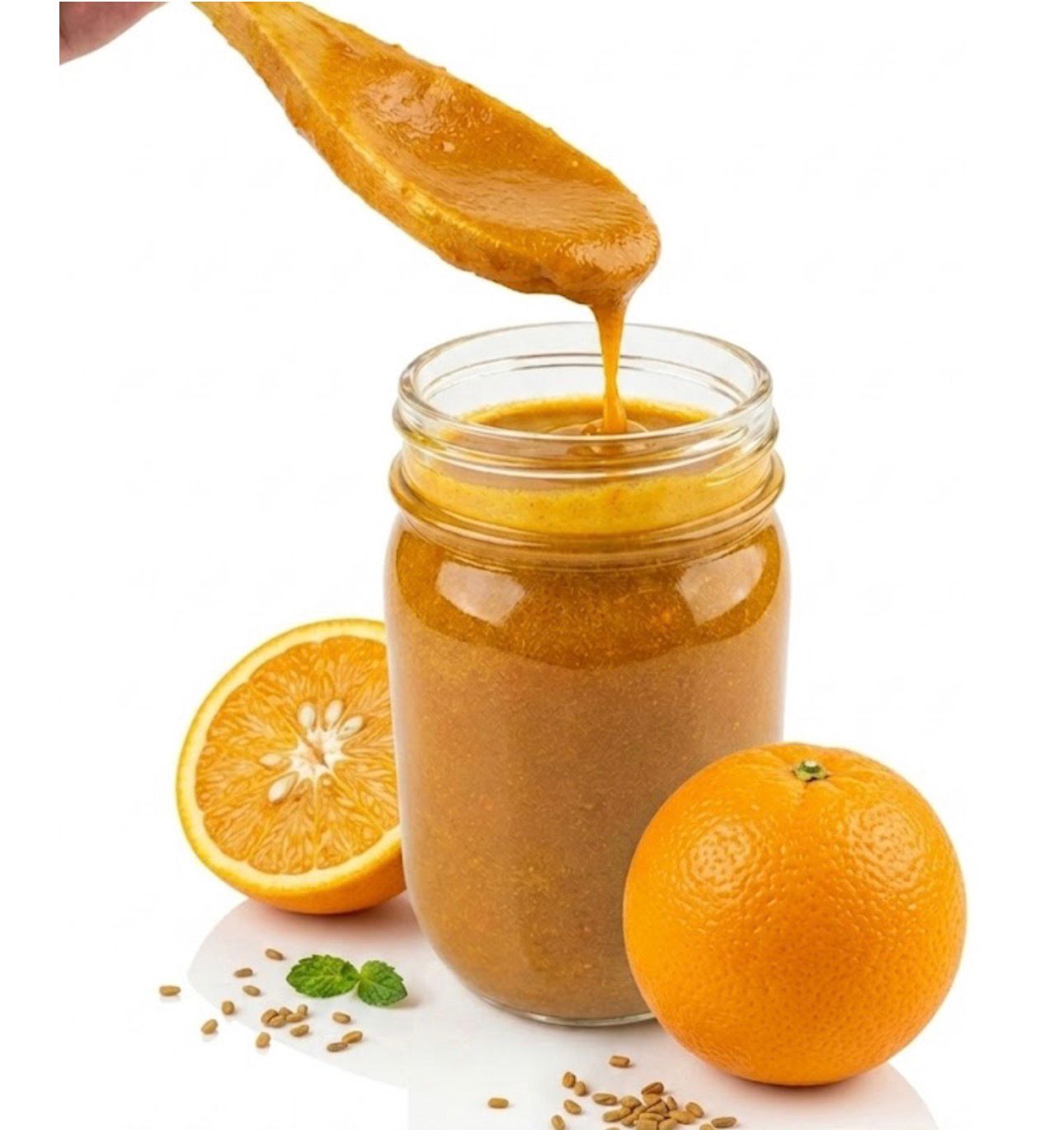 Orange smoothie being poured into a jar, with whole and sliced oranges on a white background