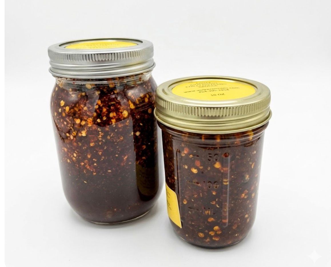 Jar of red chili paste with a spoon and fresh green jalapeños on a white surface
