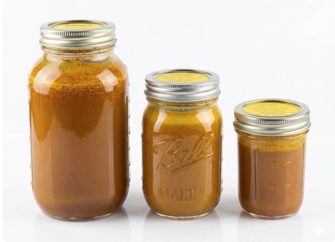 Spoon dripping golden mustard into a glass jar, with mustard seeds beside it.