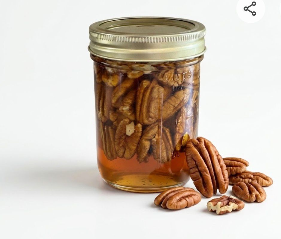 Glass jar of pecan halves in amber syrup, with a few pecans beside it on a white background