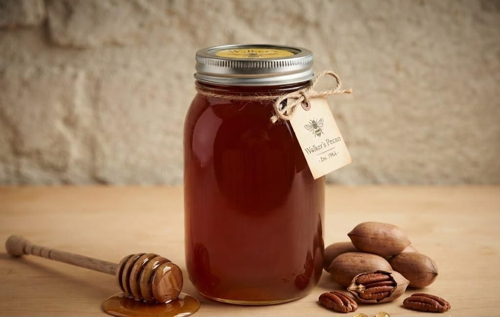 Glass jar of amber honey with a honey dipper and pecans on a wooden table