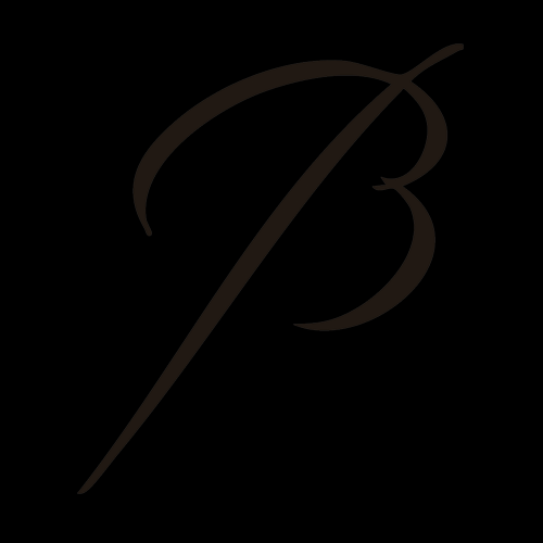 Letra “B” estilizada em marrom escuro sobre fundo preto.