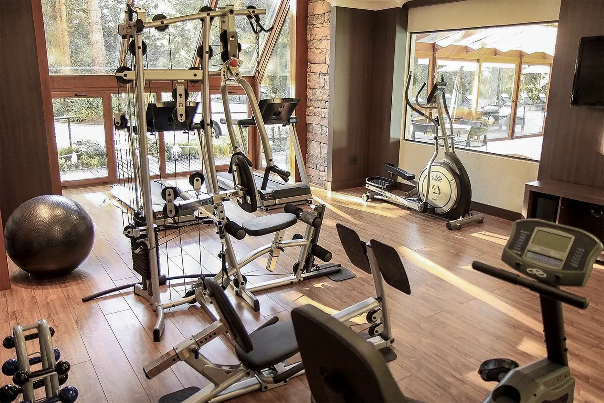 Academia em casa com aparelho de musculação, esteira, bola de exercícios e grandes janelas com vista para o exterior.