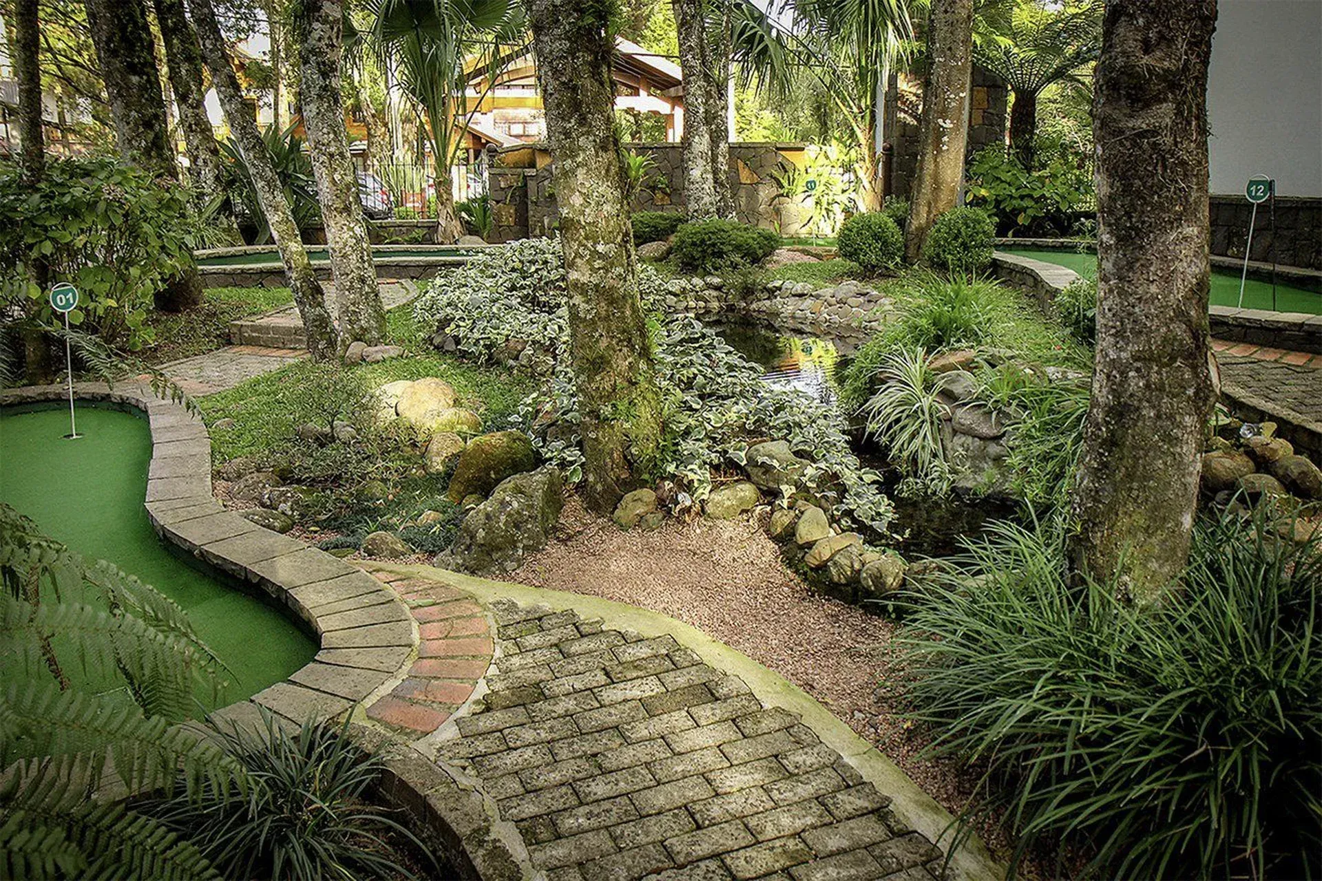 Caminho de jardim exuberante com pavimentação em tijolos, árvores, arbustos e um lago verde à esquerda.