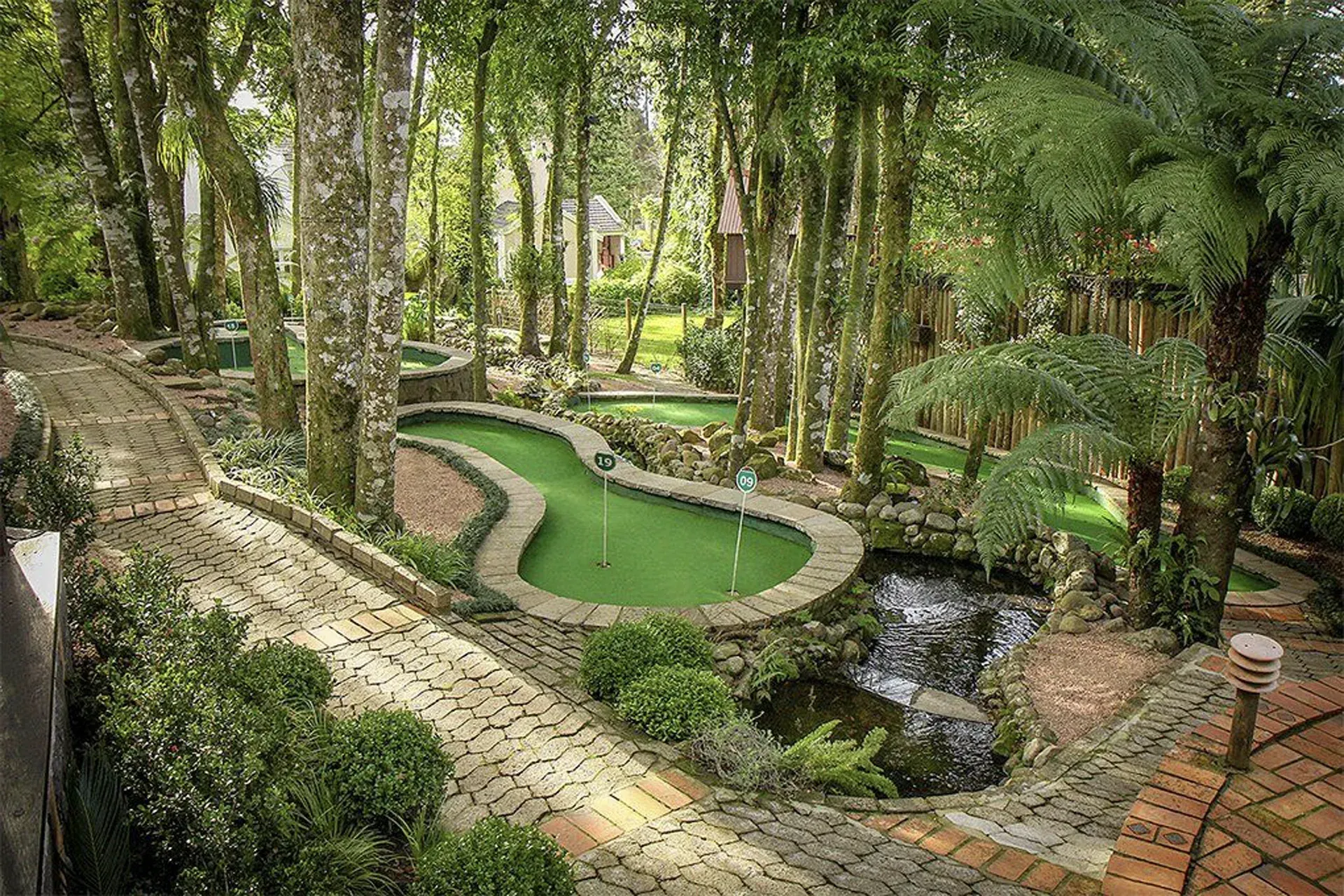 Jardim exuberante com um lago verde sinuoso, caminho de pedra e árvores que circundam um pequeno riacho.