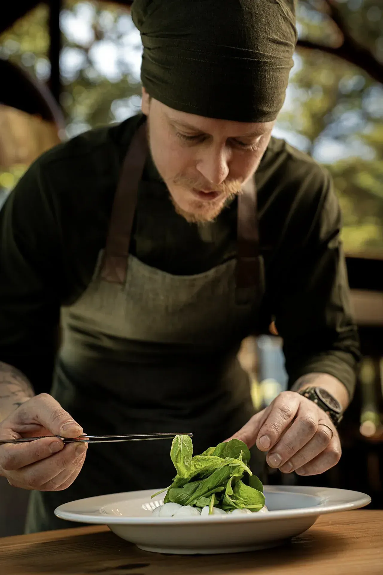 Chef dispondo vegetais verdes em um prato branco em uma cozinha ou ambiente de cozinha ao ar livre.