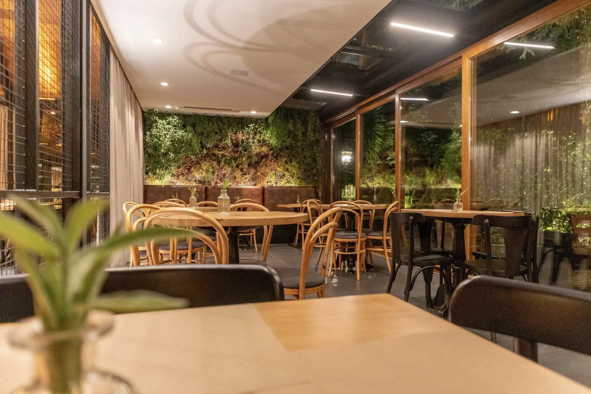 Café moderno e vazio, com mesas de madeira, cadeiras de vime, iluminação aconchegante e plantas de interior, à noite.