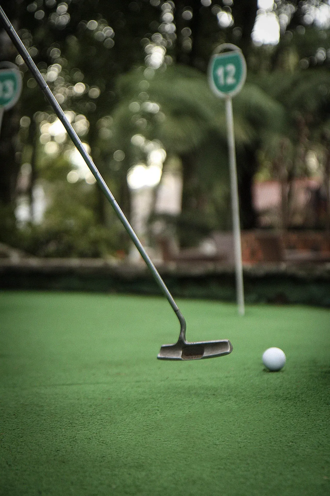 Taco de golfe e bola branca em um green, com um marcador de buraco ao fundo.