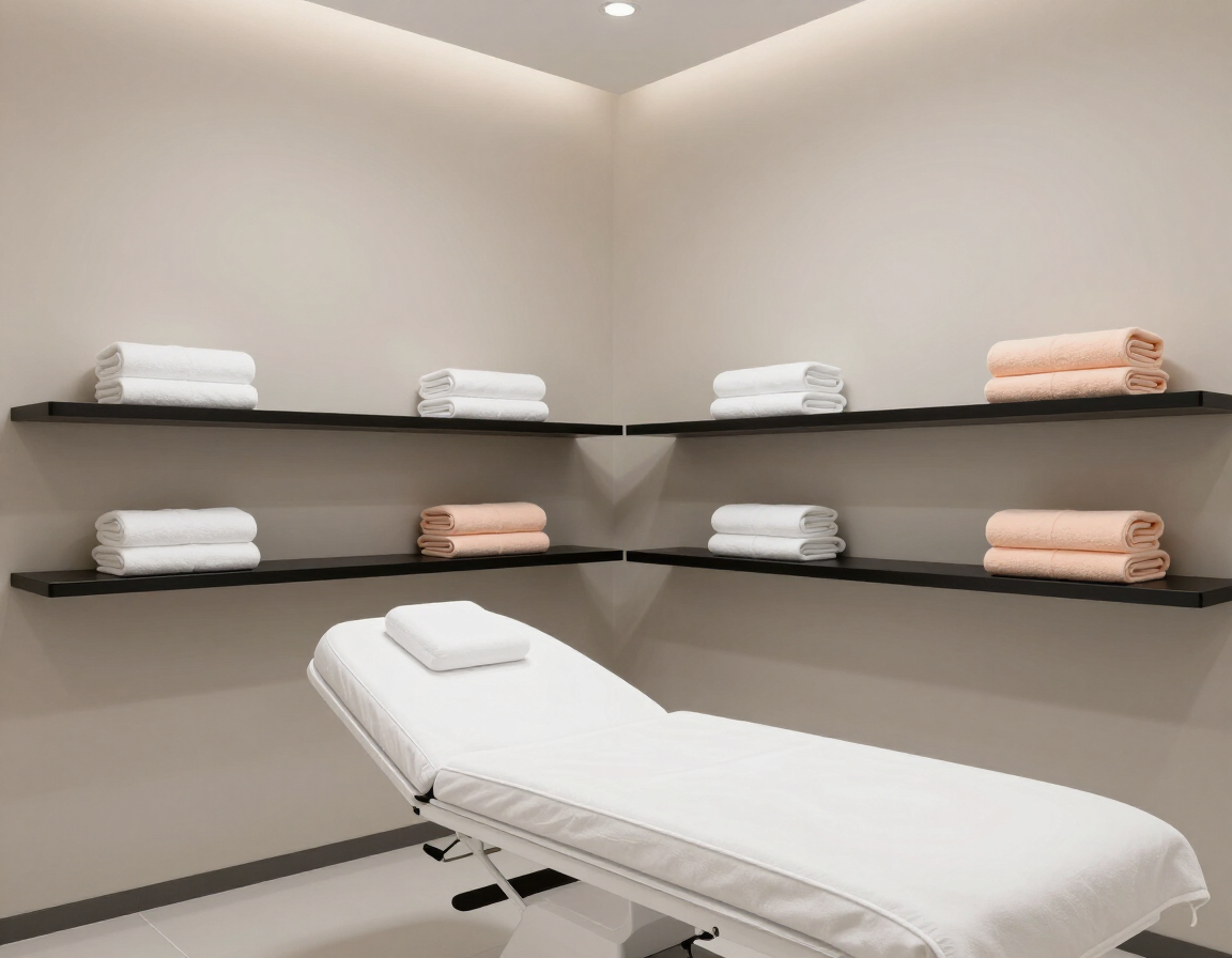 Sala de masajes con camilla blanca y toallas cuidadosamente dobladas en estantes oscuros en la pared.