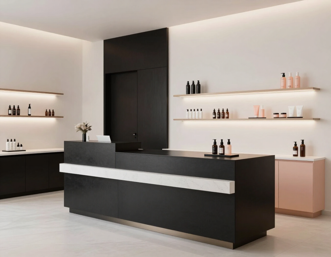 Interior minimalista y moderno de una boutique con mostrador negro, paredes blancas y estantes flotantes.