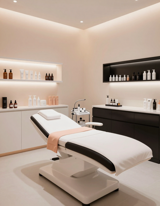 Sala de tratamientos de spa moderna con camilla de masaje blanca, estantes retroiluminados y productos.