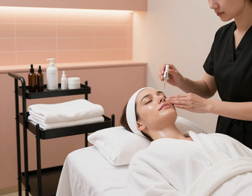 Sala de tratamientos de spa con una esteticista aplicando productos para el cuidado de la piel a una clienta.