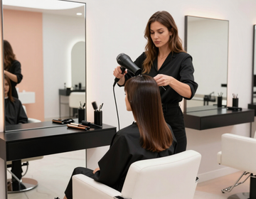 Una estilista seca el cabello largo de una clienta en un salón moderno con espejos y mostradores negros.