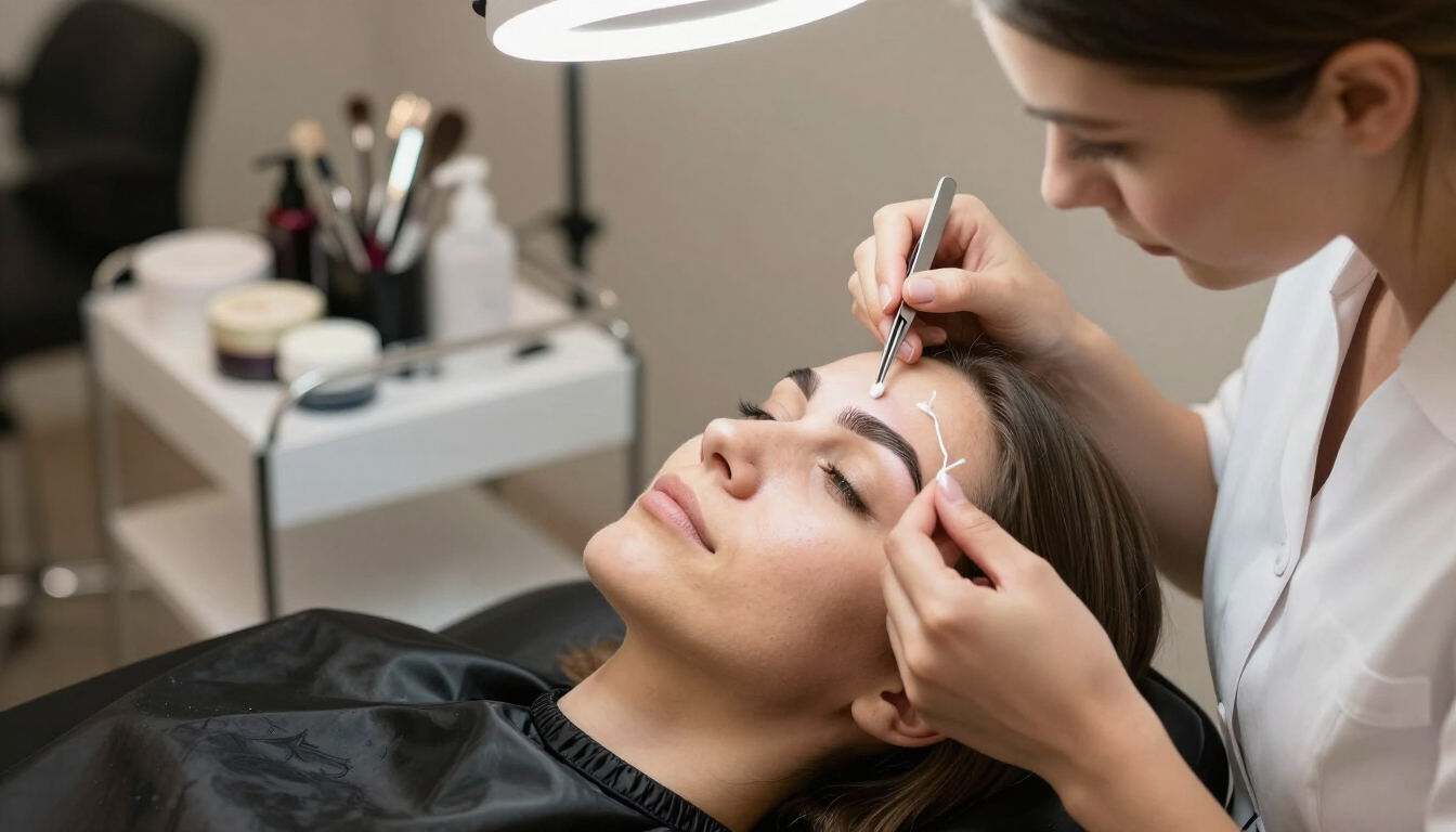 Tratamiento de cejas en un spa, con un técnico aplicando maquillaje o pigmento a una clienta recostada.